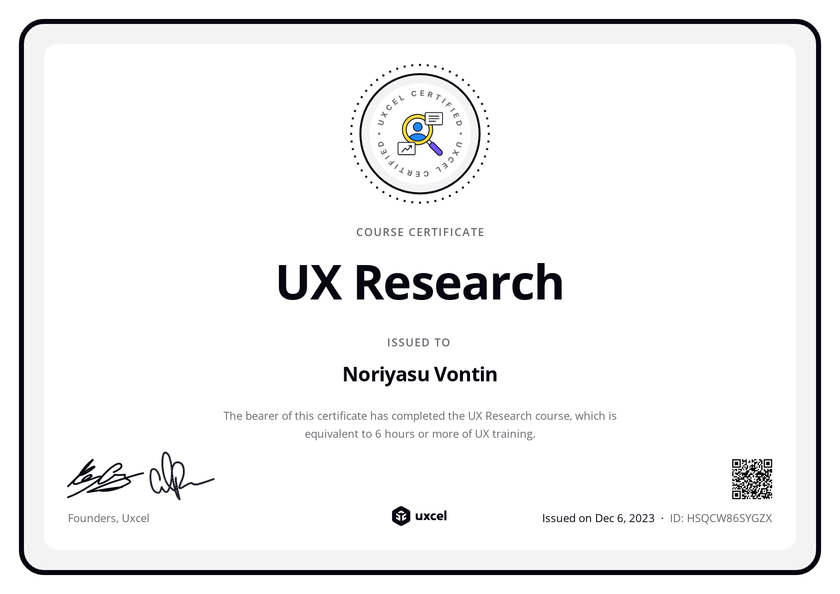 Noriyasu Vontin's certificate